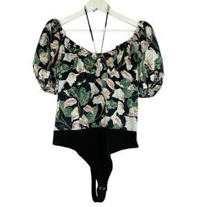 EXPRESS Black Pink Floral Smocked Bodysuit Women's Size Large NWT Puff Sleeve‎
